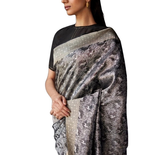 Generic Women's Silk Printed Saree With Unstitched Blouse 5.5Mtr (Grey)
