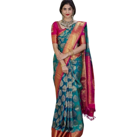 Generic Women's Silk Printed Saree With Unstitched Blouse 5.5Mtr (Teal Blue)