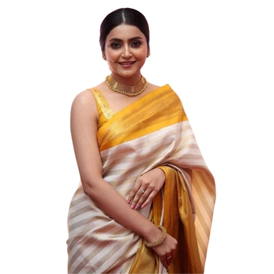 Generic Women's Silk Printed Saree With Unstitched Blouse 5.5Mtr (Off White-Yellow)