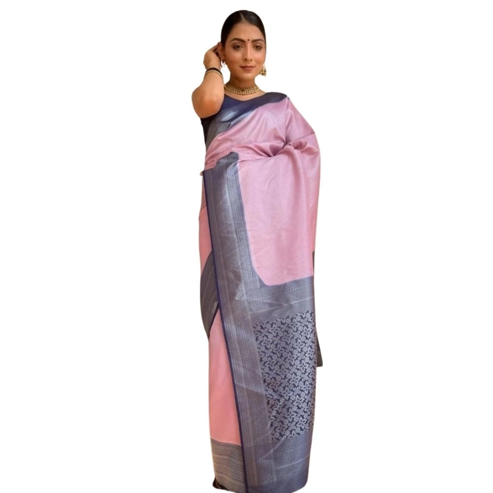 Generic Women's Silk Printed Saree With Unstitched Blouse 5.5Mtr (Pink)