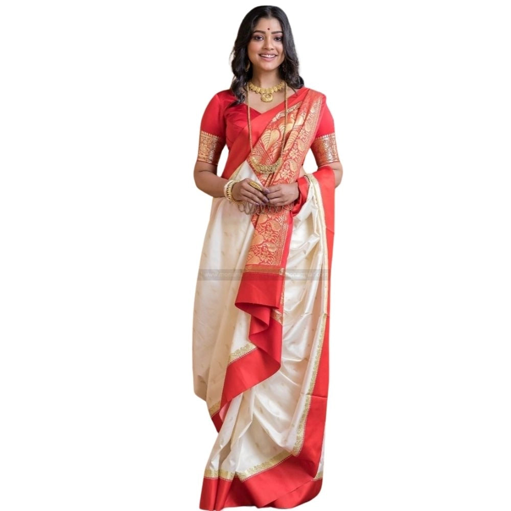 Generic Women's Silk Printed Saree With Unstitched Blouse 5.5Mtr (White-Red)