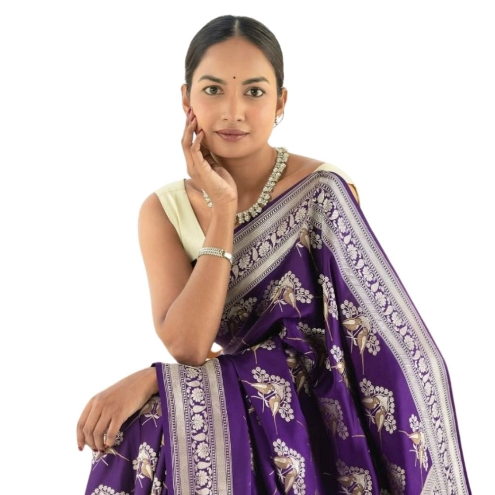 Generic Women's Silk Printed Saree With Unstitched Blouse 5.5Mtr (Purple)