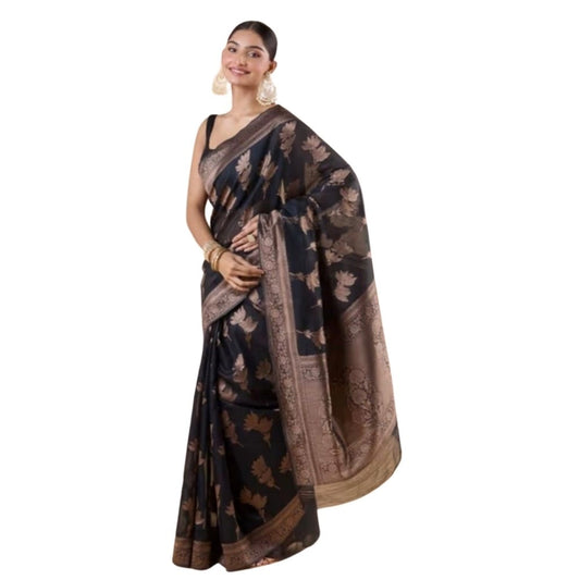 Generic Women's Silk Printed Saree With Unstitched Blouse 5.5Mtr (Black)