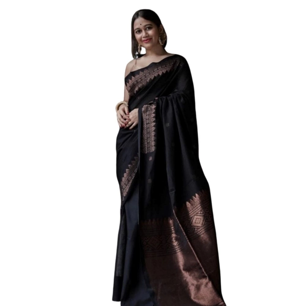 Generic Women's Silk Printed Saree With Unstitched Blouse 5.5Mtr (Black)