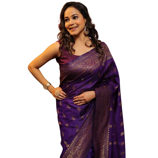 Generic Women's Silk Printed Saree With Unstitched Blouse 5.5Mtr (Purple)