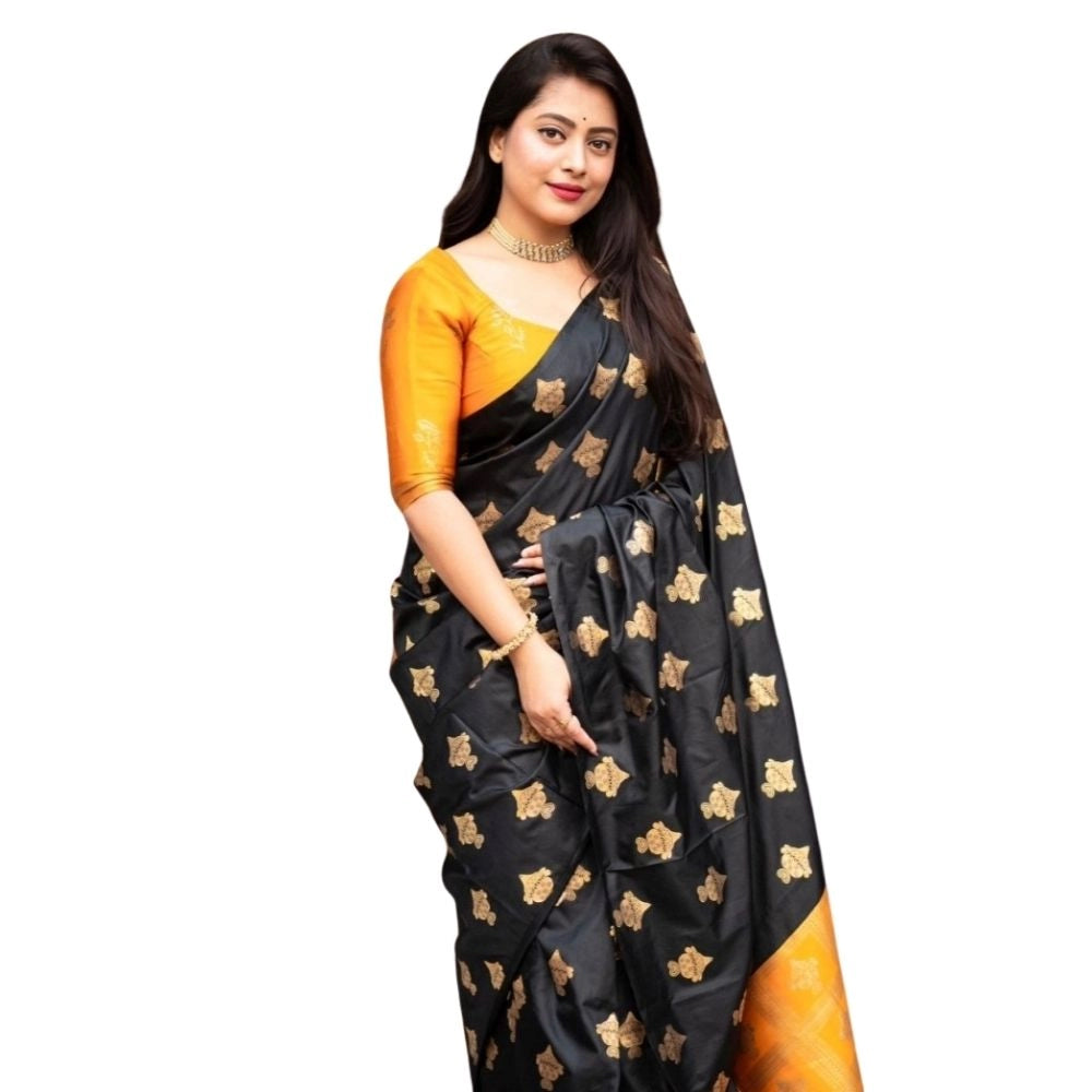 Generic Women's Silk Printed Saree With Unstitched Blouse 5.5Mtr (Yellow)