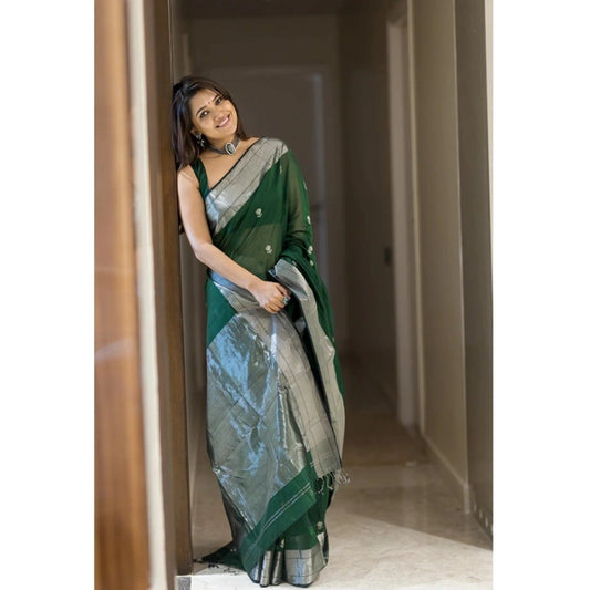 Generic Women's Cotton  Printed Saree With Unstitched Blouse 5.5Mtr (Green)
