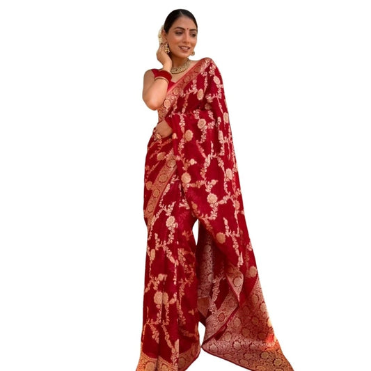 Generic Women's Silk Printed Saree With Unstitched Blouse 5.5Mtr (Red)