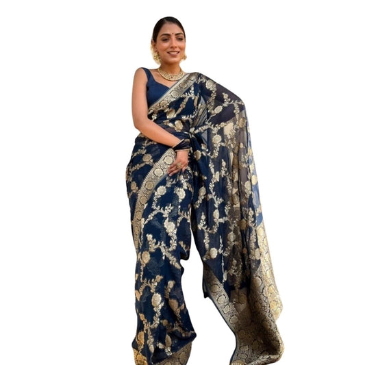 Generic Women's Silk Printed Saree With Unstitched Blouse 5.5Mtr (Dark Blue)