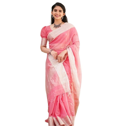 Generic Women's Cotton  Printed Saree With Unstitched Blouse 5.5Mtr (Pink)