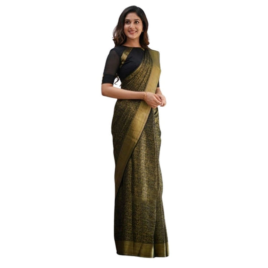 Generic Women's Silk Printed Saree With Unstitched Blouse 5.5Mtr (Black)