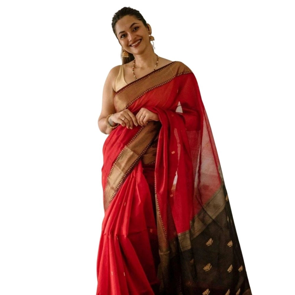 Generic Women's Cotton  Printed Saree With Unstitched Blouse 5.5Mtr (Red)