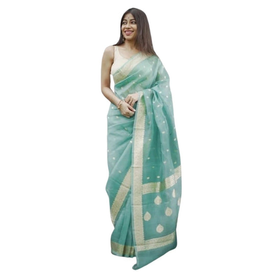 Generic Women's Cotton  Printed Saree With Unstitched Blouse 5.5Mtr (Sky)