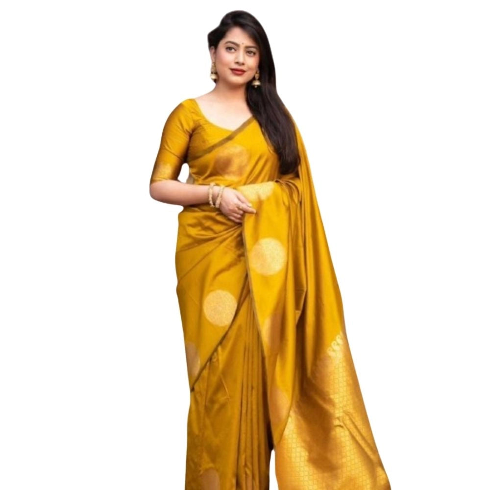 Generic Women's Silk Printed Saree With Unstitched Blouse 5.5Mtr (Yellow)