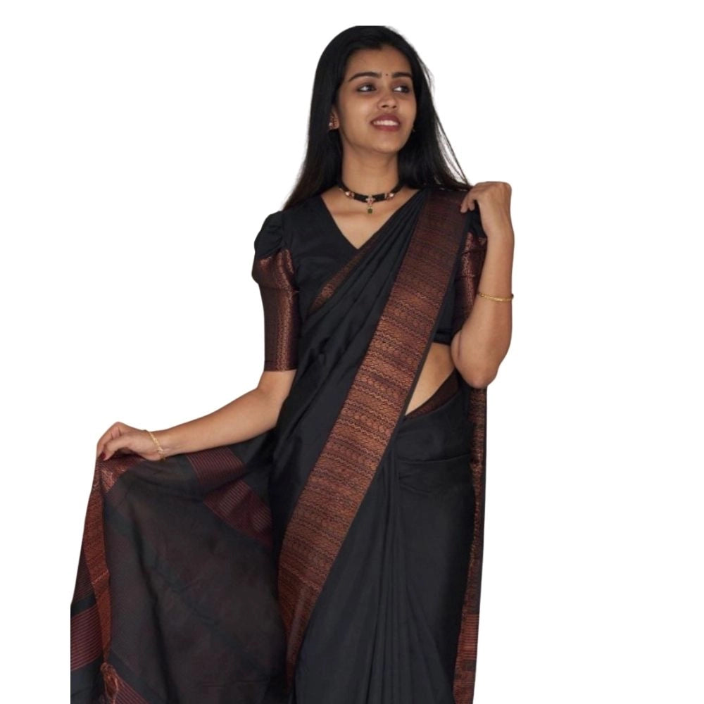 Generic Women's Silk Printed Saree With Unstitched Blouse 5.5Mtr (Black)