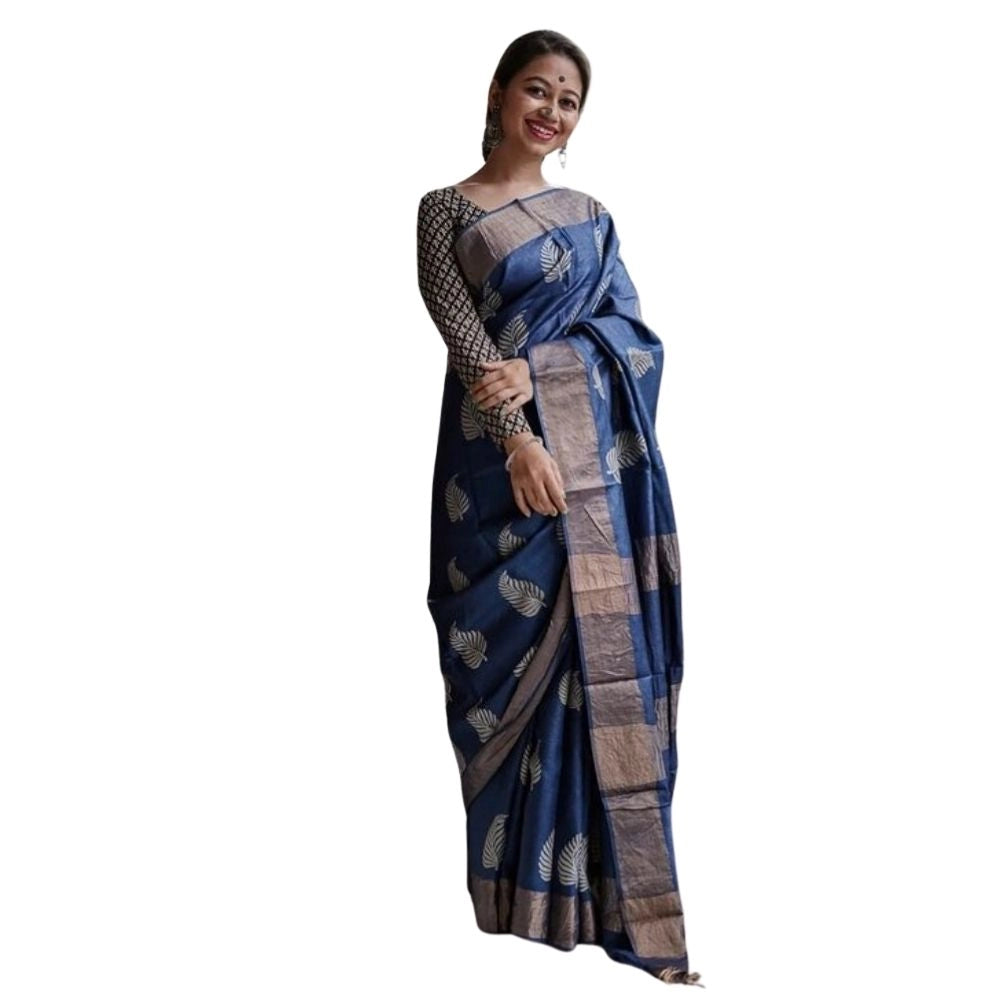 Generic Women's Silk Printed Saree With Unstitched Blouse 5.5Mtr (Navy Blue)