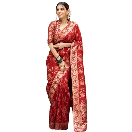 Generic Women's Silk Printed Saree With Unstitched Blouse 5.5Mtr (Red)
