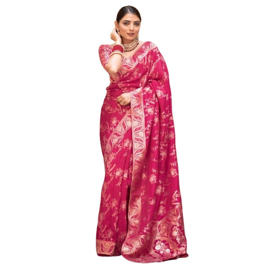 Generic Women's Silk Printed Saree With Unstitched Blouse 5.5Mtr (Pink)