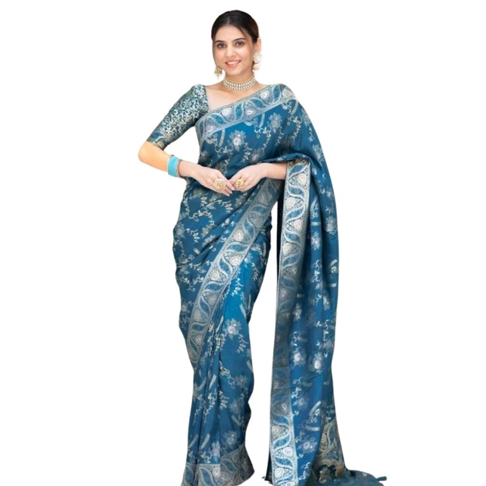 Generic Women's Silk Printed Saree With Unstitched Blouse 5.5Mtr (Teal Blue)