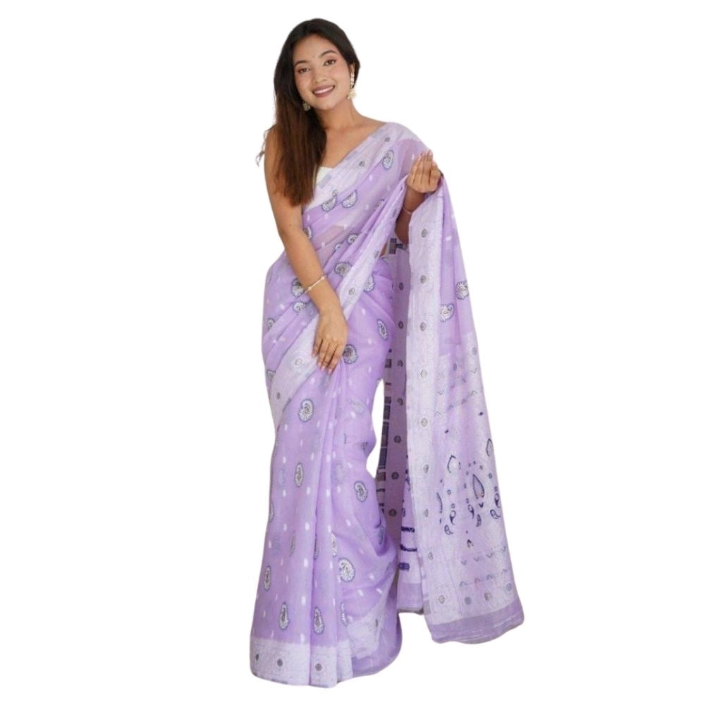 Generic Women's Cotton  Printed Saree With Unstitched Blouse 5.5Mtr (Lavender)