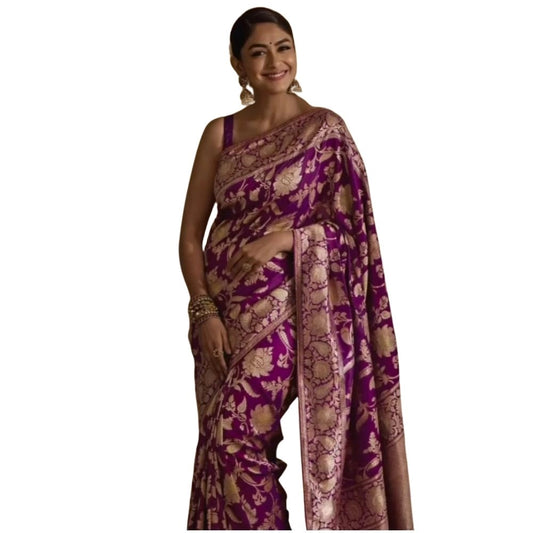 Generic Women's Silk Printed Saree With Unstitched Blouse 5.5Mtr (Purple)
