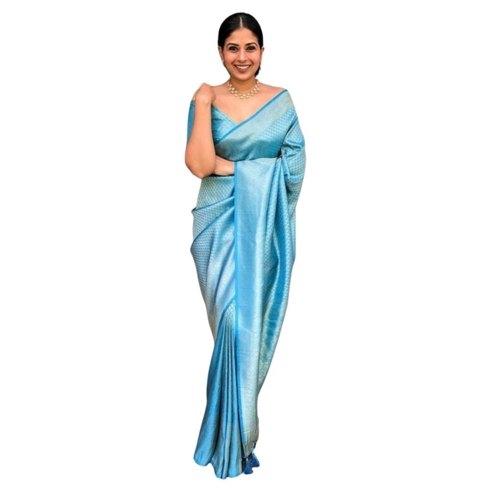 Generic Women's Silk Printed Saree With Unstitched Blouse 5.5Mtr (Sky Blue)