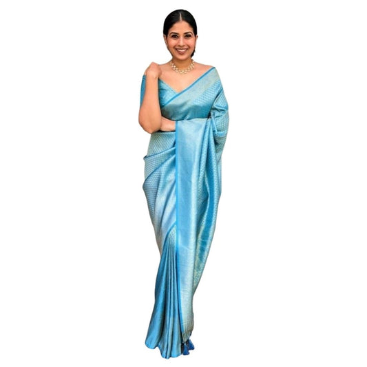 Generic Women's Silk Printed Saree With Unstitched Blouse 5.5Mtr (Sky Blue)