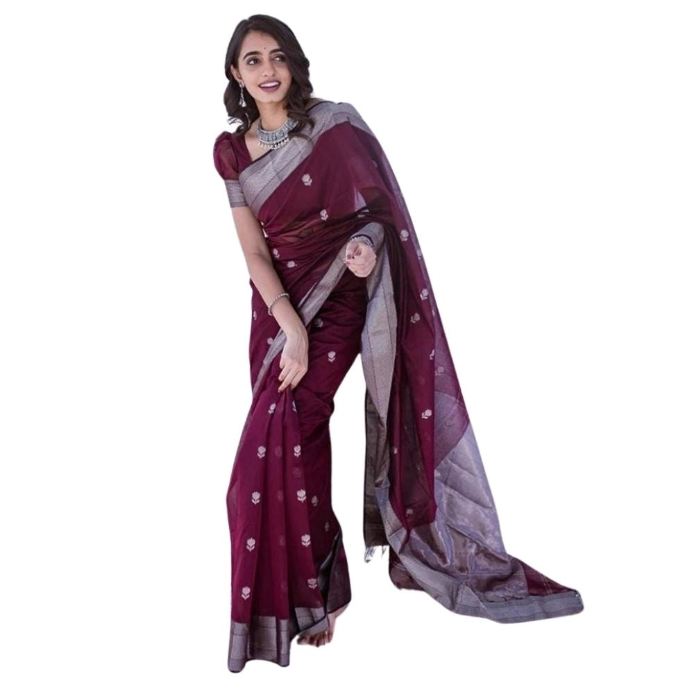 Generic Women's Cotton  Printed Saree With Unstitched Blouse 5.5Mtr (Maroon)
