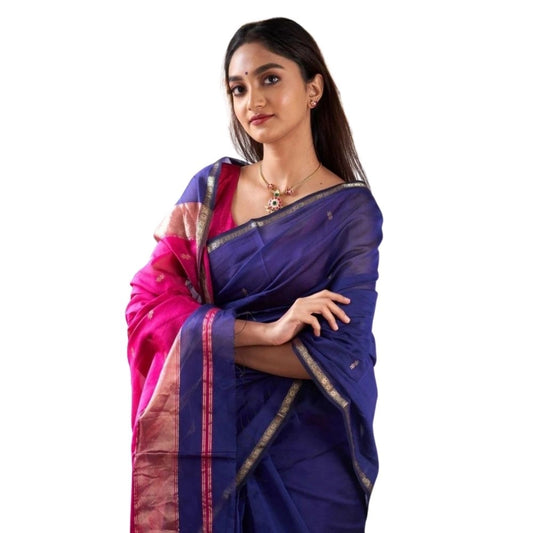 Generic Women's Cotton  Printed Saree With Unstitched Blouse 5.5Mtr (Blue)