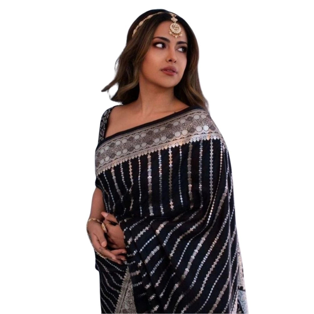 Generic Women's Silk Printed Saree With Unstitched Blouse 5.5Mtr (Black)