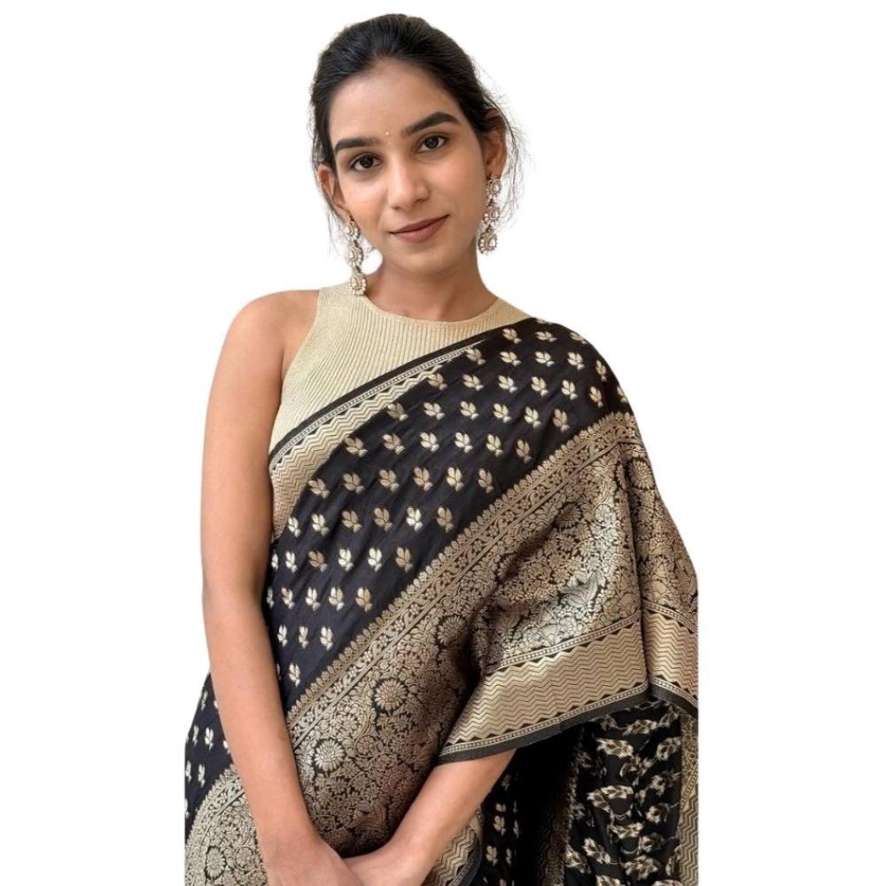 Generic Women's Silk Printed Saree With Unstitched Blouse 5.5Mtr (Black)