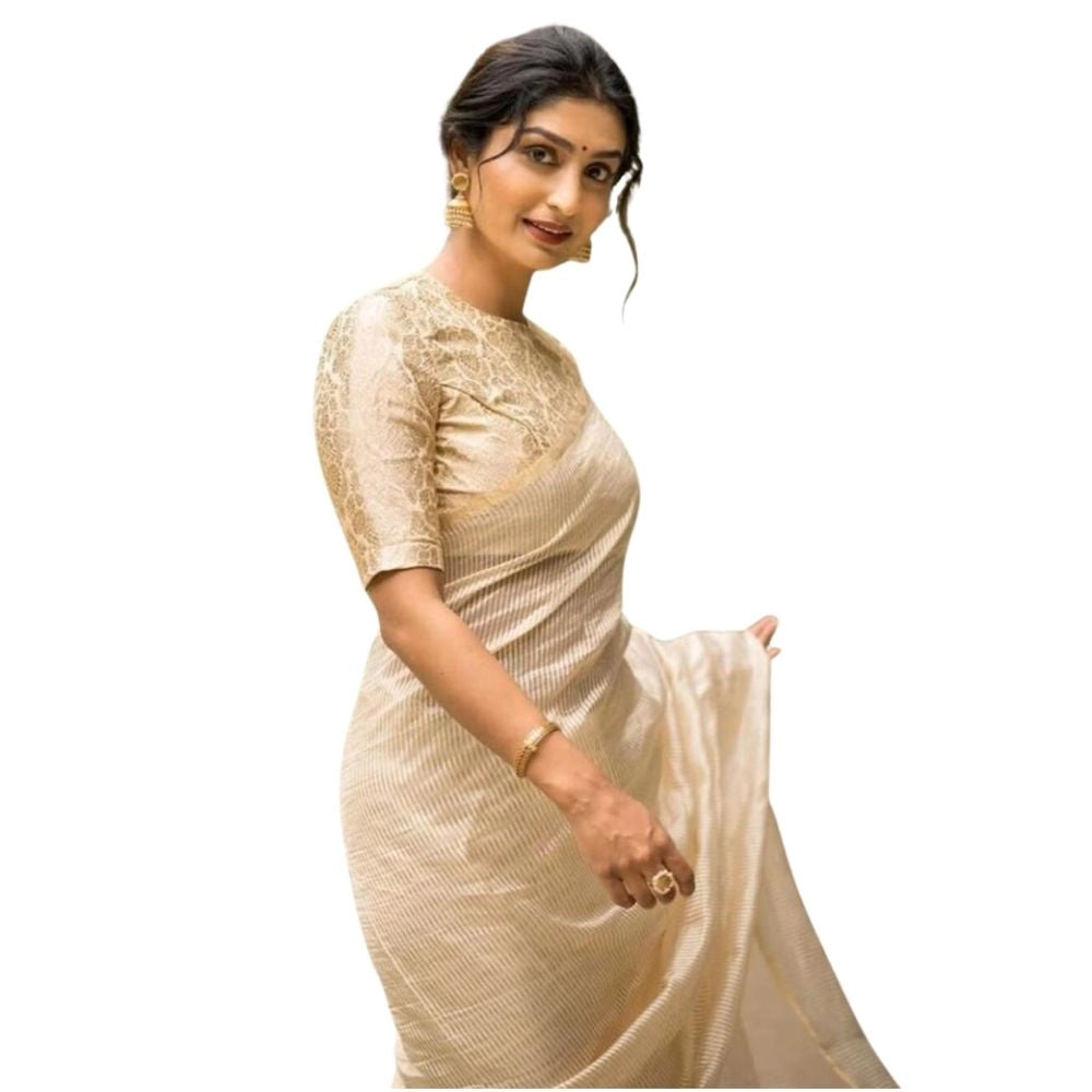Generic Women's Silk Printed Saree With Unstitched Blouse 5.5Mtr (Off White)