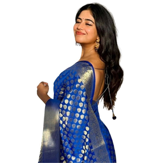 Generic Women's Silk Printed Saree With Unstitched Blouse 5.5Mtr (Royal Blue)
