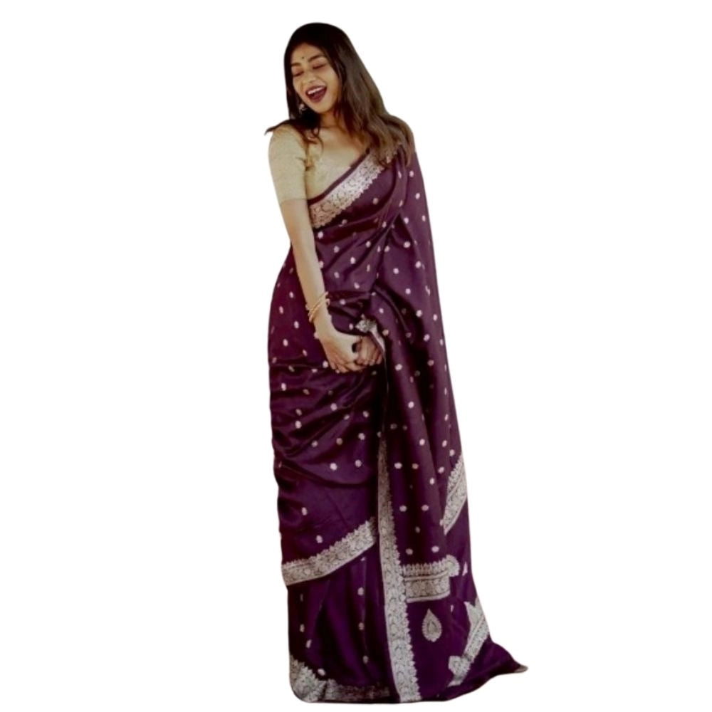 Generic Women's Cotton  Printed Saree With Unstitched Blouse 5.5Mtr (Purple)