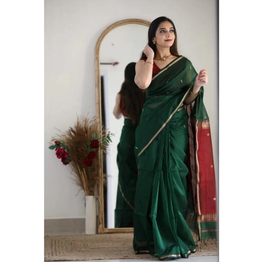 Generic Women's Cotton  Printed Saree With Unstitched Blouse 5.5Mtr (Dark Green)