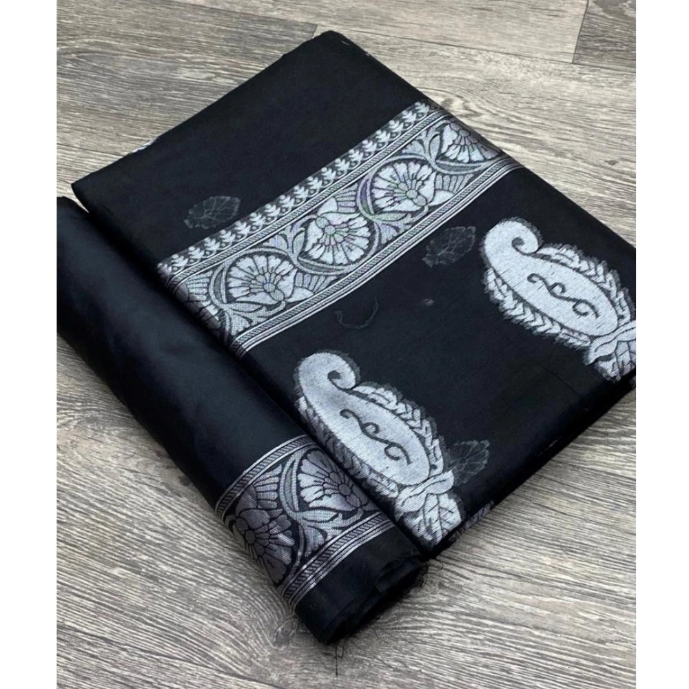 Generic Women's Cotton  Printed Saree With Unstitched Blouse 5.5Mtr (Black)