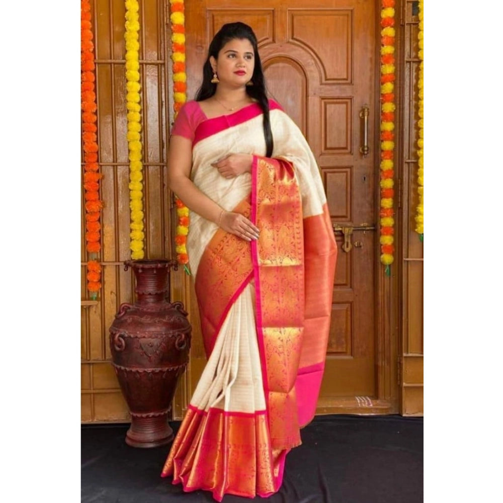 Generic Women's Soft Lichi Silk Printed Saree With Unstitched Blouse 5.5Mtr (Cream)