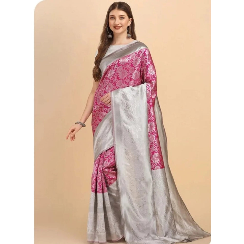 Generic Women's Soft Lichi Silk Printed Saree With Unstitched Blouse 5.5Mtr (Pink)