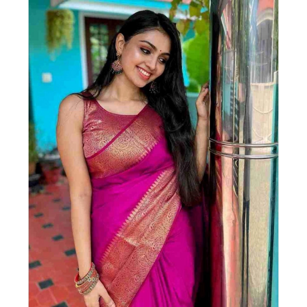 Generic Women's Soft Lichi Silk Solid Saree With Unstitched Blouse 5.5Mtr (Pink)