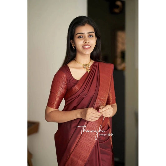 Generic Women's Soft Lichi Silk Solid Saree With Unstitched Blouse 5.5Mtr (Maroon)