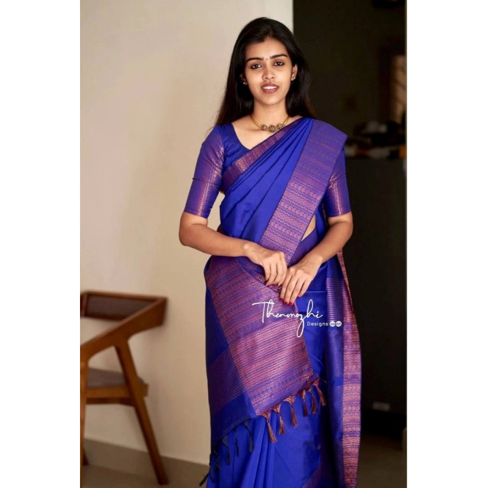 Generic Women's Soft Lichi Silk Solid Saree With Unstitched Blouse 5.5Mtr (Blue)