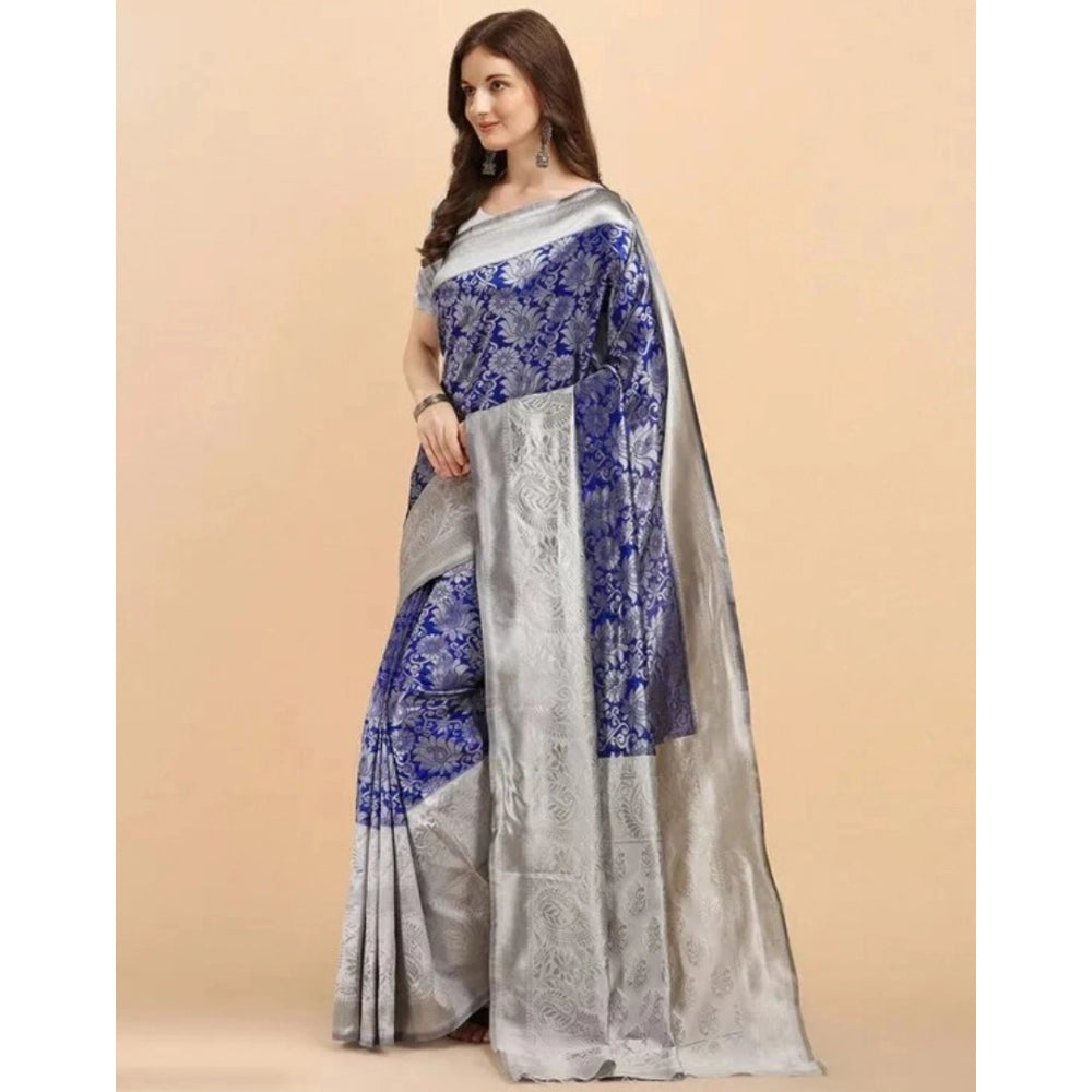 Generic Women's Soft Lichi Silk Printed Saree With Unstitched Blouse 5.5Mtr (Blue)