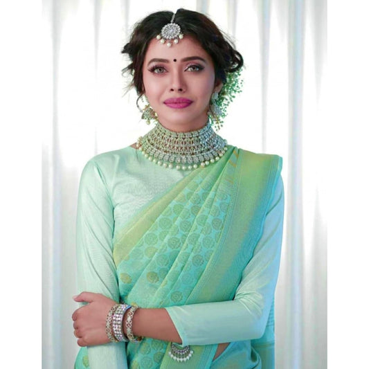 Generic Women's Soft Lichi Silk Printed Saree With Unstitched Blouse 5.5Mtr (Light Green)
