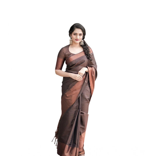 Generic Women's Soft Lichi Silk Printed Saree With Unstitched Blouse 5.5Mtr (Brown)