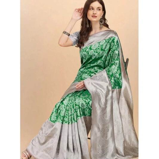 Generic Women's Soft Lichi Silk Printed Saree With Unstitched Blouse 5.5Mtr (Green)