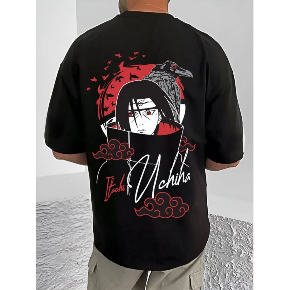 Generic Men's Casual Cotton Blend Printed Round Neck Half Sleeve T-Shirt (Black)