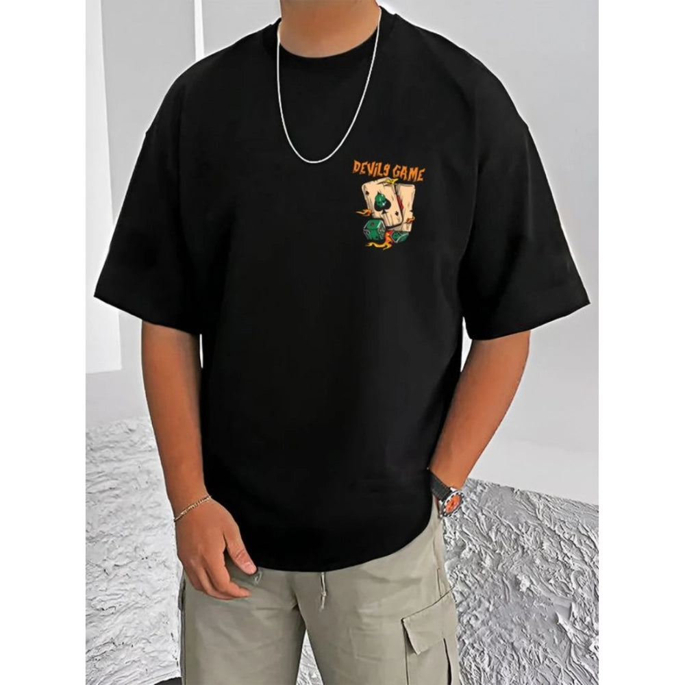 Generic Men's Casual Cotton Blend Printed Round Neck Half Sleeve T-Shirt (Black)