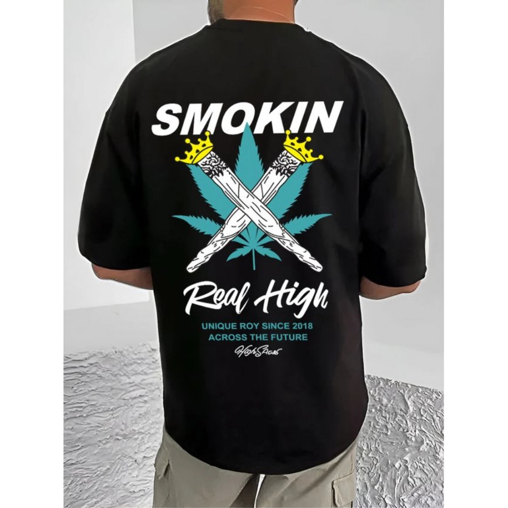 Generic Men's Casual Cotton Blend Printed Round Neck Half Sleeve T-Shirt (Black)