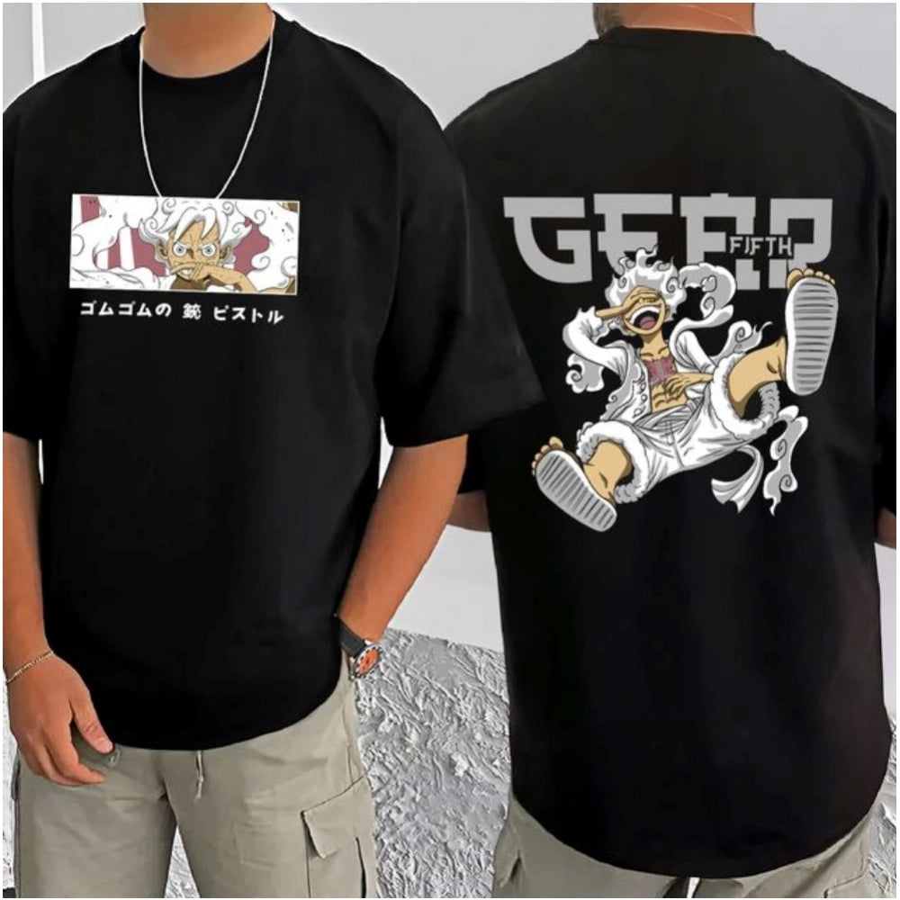Generic Men's Casual Cotton Blend Printed Round Neck Half Sleeve T-Shirt (Black)