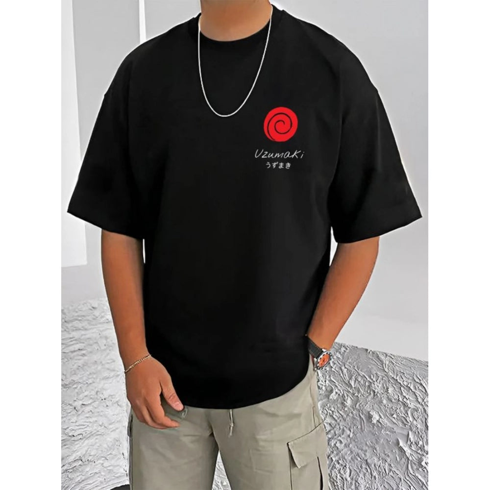 Generic Men's Casual Cotton Blend Printed Round Neck Half Sleeve T-Shirt (Black)